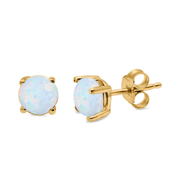 Round Solitaire Stud Earrings Yellow Tone, Lab Created White Opal 925 Sterling Silver 7mm